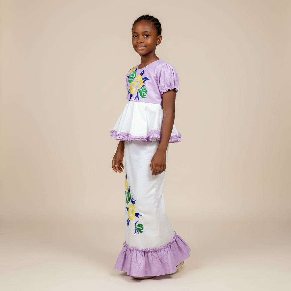 Ensemble cérémonie fille 9 ans mauve clair et blanc, jupe et haut floral chic