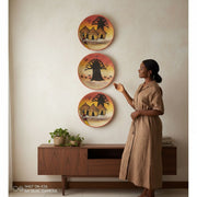 Plateau mural décoration africain artisanal en fibres naturelles, peint à la main Pack de 3