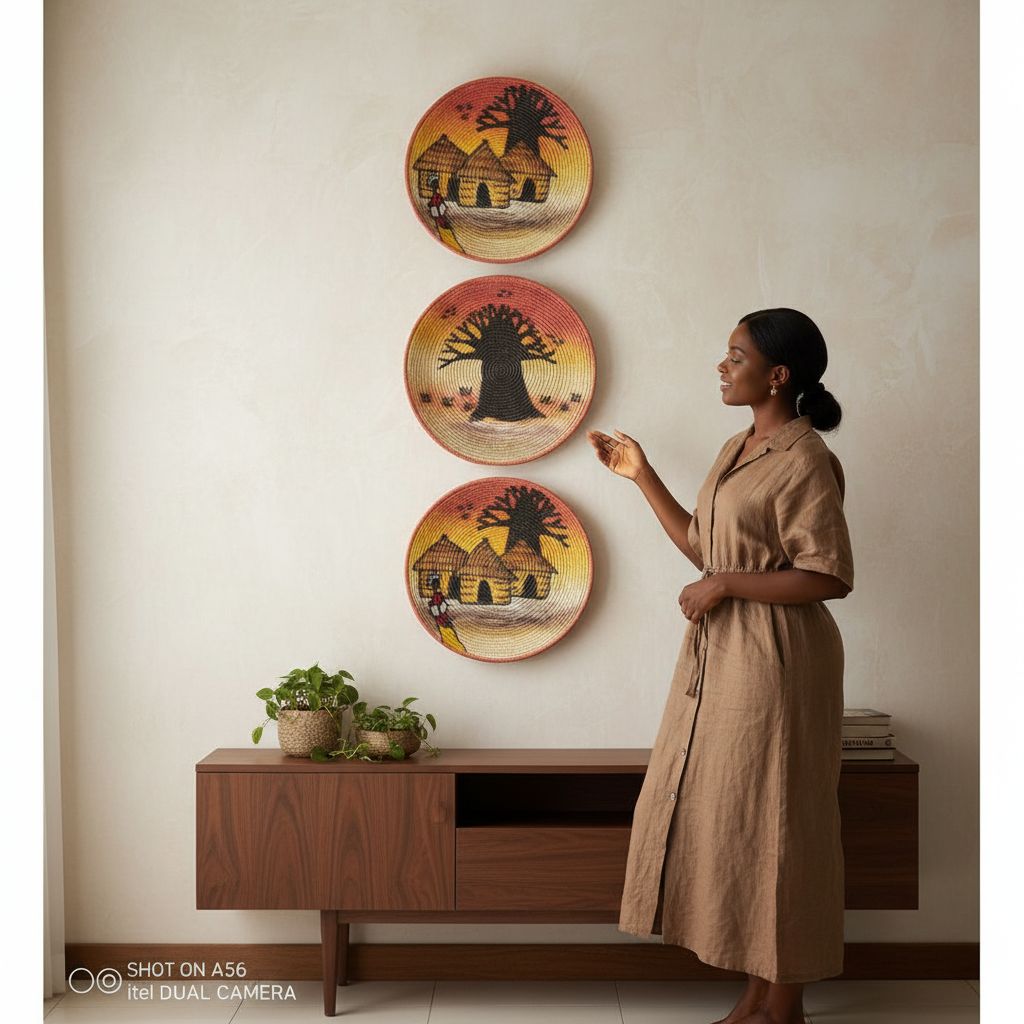 Plateau mural décoration africain artisanal en fibres naturelles, peint à la main Pack de 3