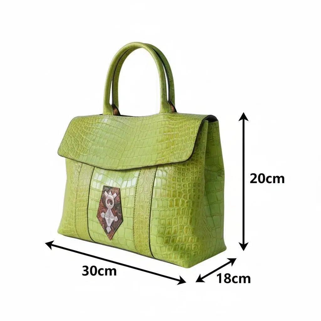 Sac à main cuir femme vert anis fait main, croix Agadez argent, élégant