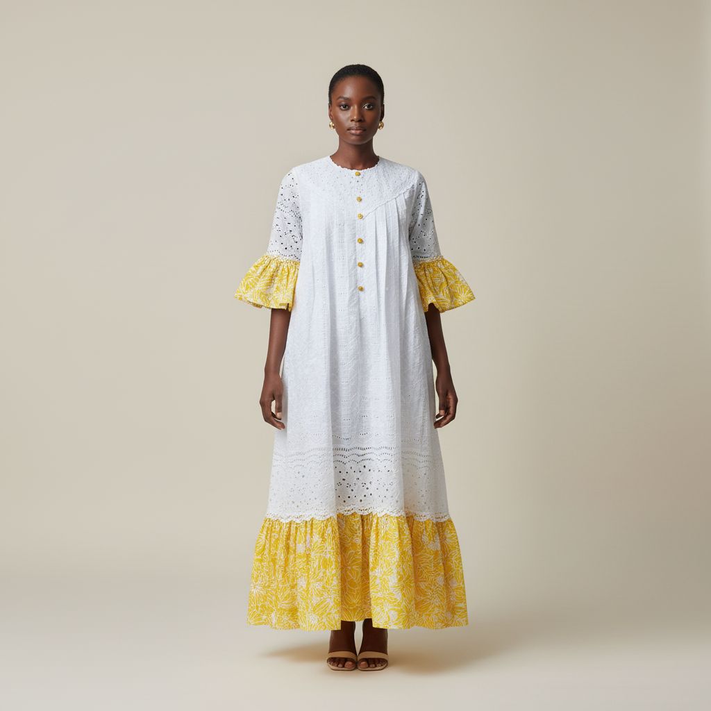 Robe brodée coton femme jaune blanc, longue bohème chic manches bouffantes
