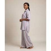 Ensemble lin rayé femme rouge multicolore – tunique et pantalon ample chic