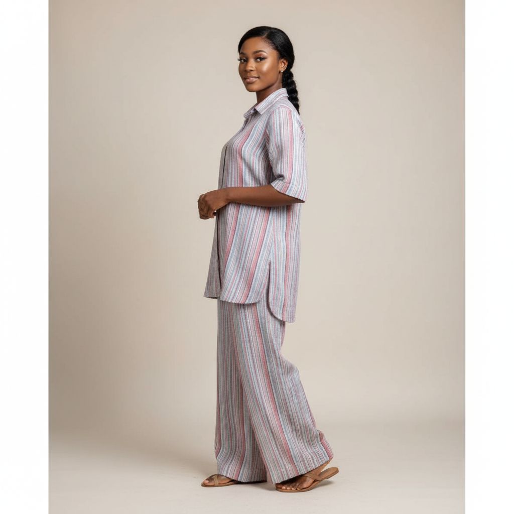 Ensemble lin rayé femme rouge multicolore – tunique et pantalon ample chic