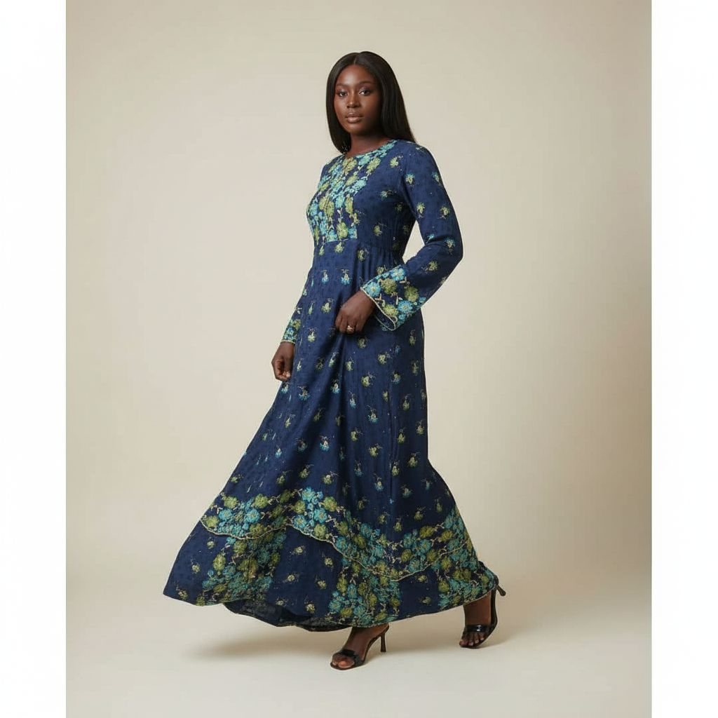Robe brodée bleu marine longue femme élégante, cérémonie ou soirée