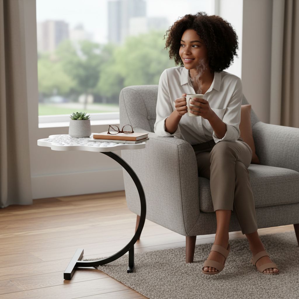 Table d’appoint blanche design, décorative et moderne, motif boutons élégants