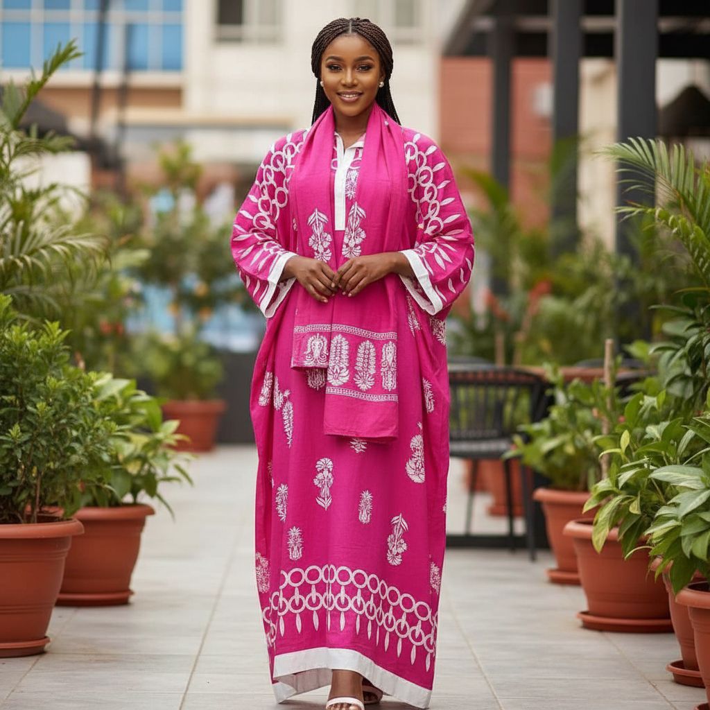 Tunique femme élégante rose fuchsia XL-XXL et foulard, style chic ethnique