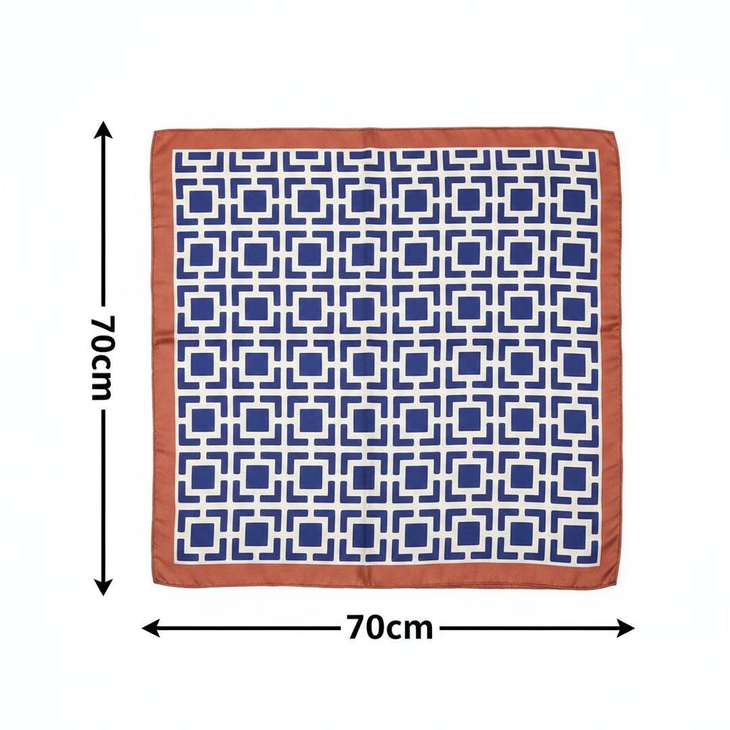 Foulard carré en soie bleu et blanc 70x70 cm élégant bordure orange