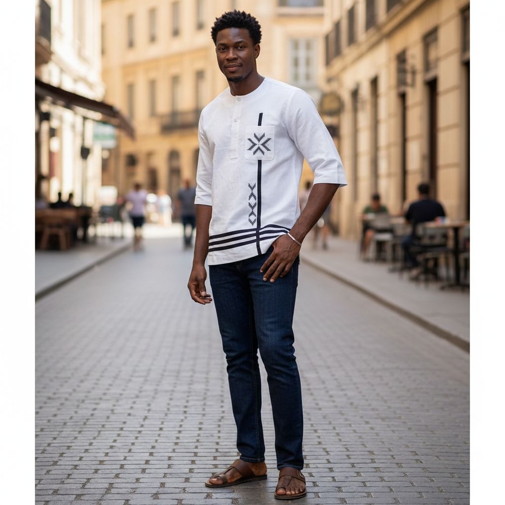 Chemise homme élégante blanche à motifs noirs coton lin, manches trois quarts