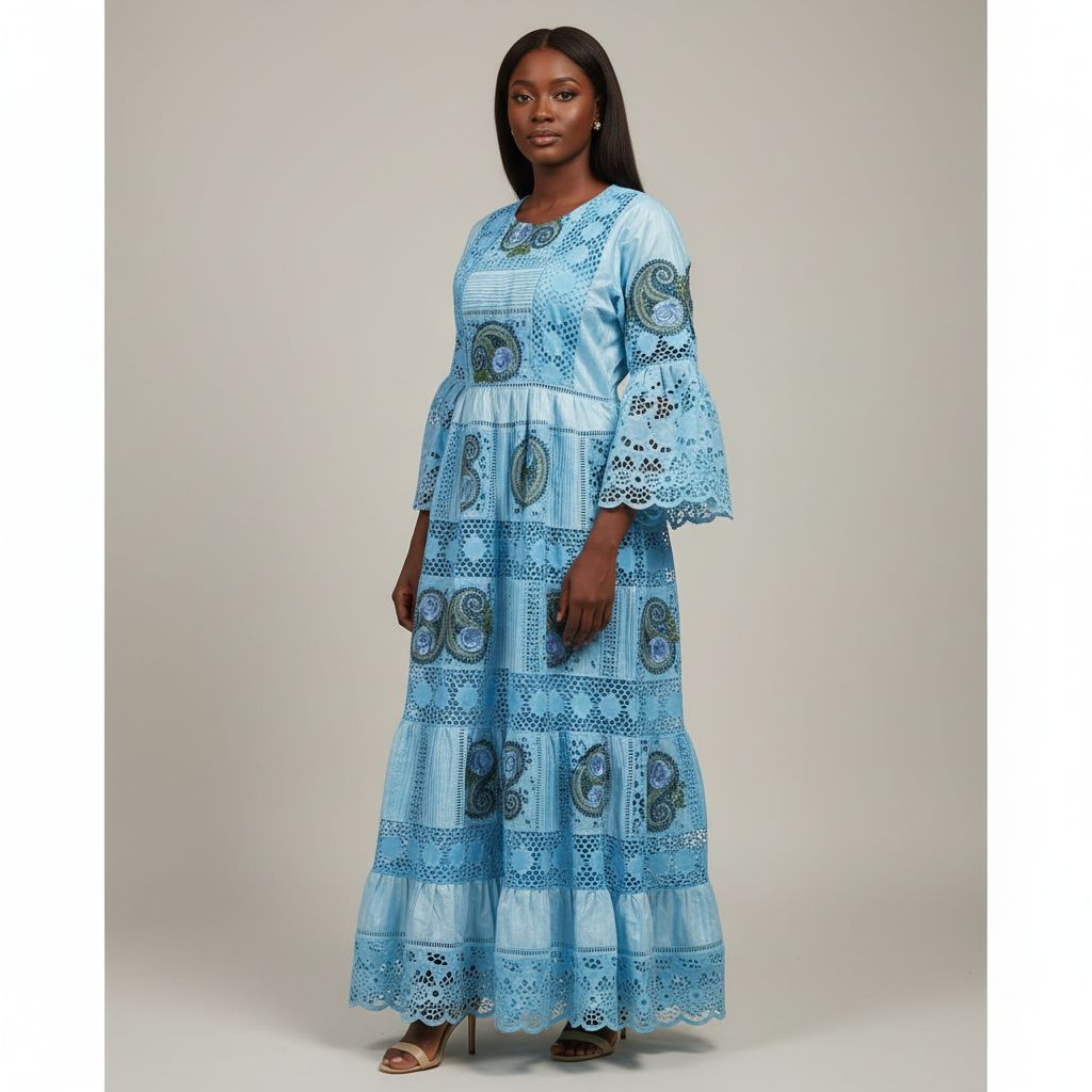 Robe bazin brodée bleue longue chic femme, élégante cérémonie et soirée