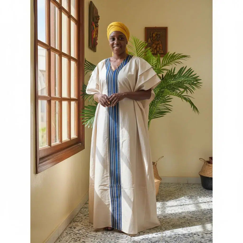 Robe longue lin et pagne tissé beige