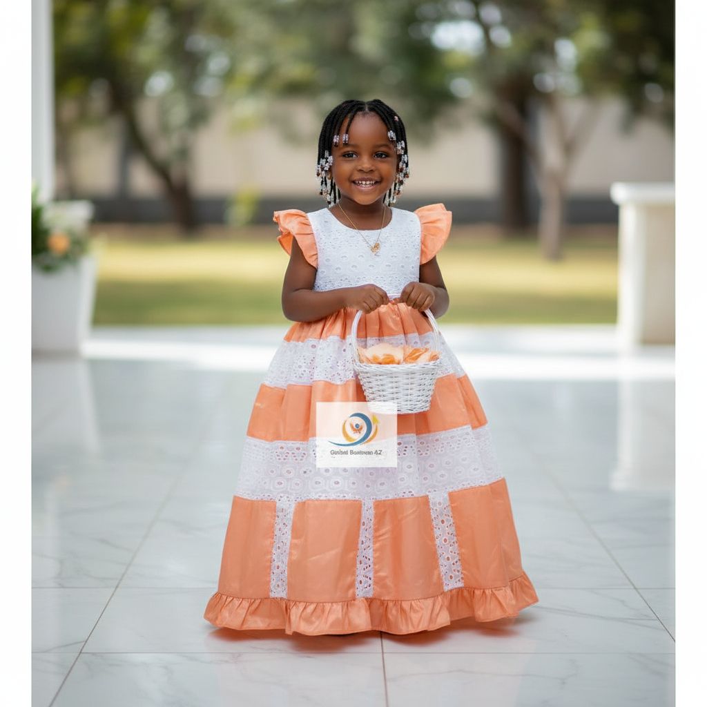 Robe cérémonie fille 2 ans brodée blanche et bazin orange