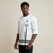 Chemise homme élégante blanche à motifs noirs coton lin, manches trois quarts