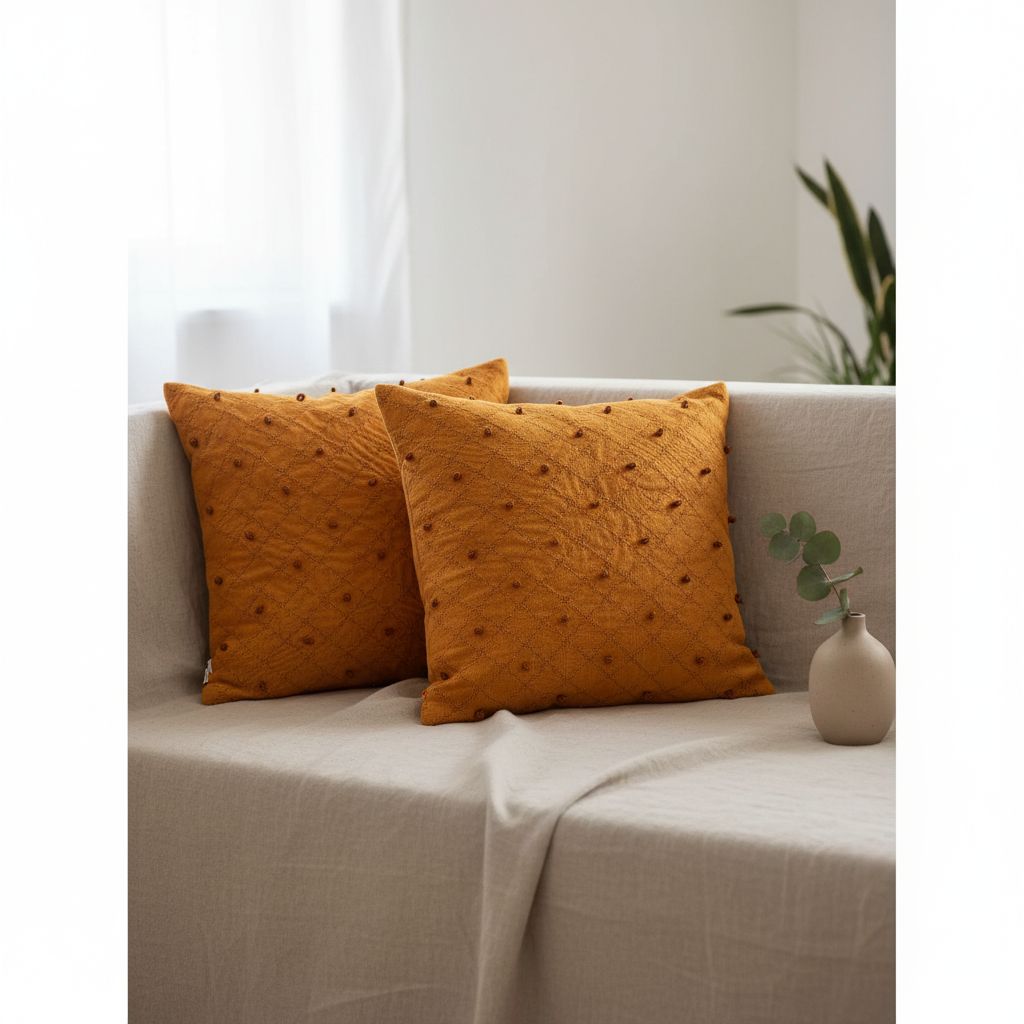 Coussin brodé main orange clémentine, déco bohème chic salon moderne