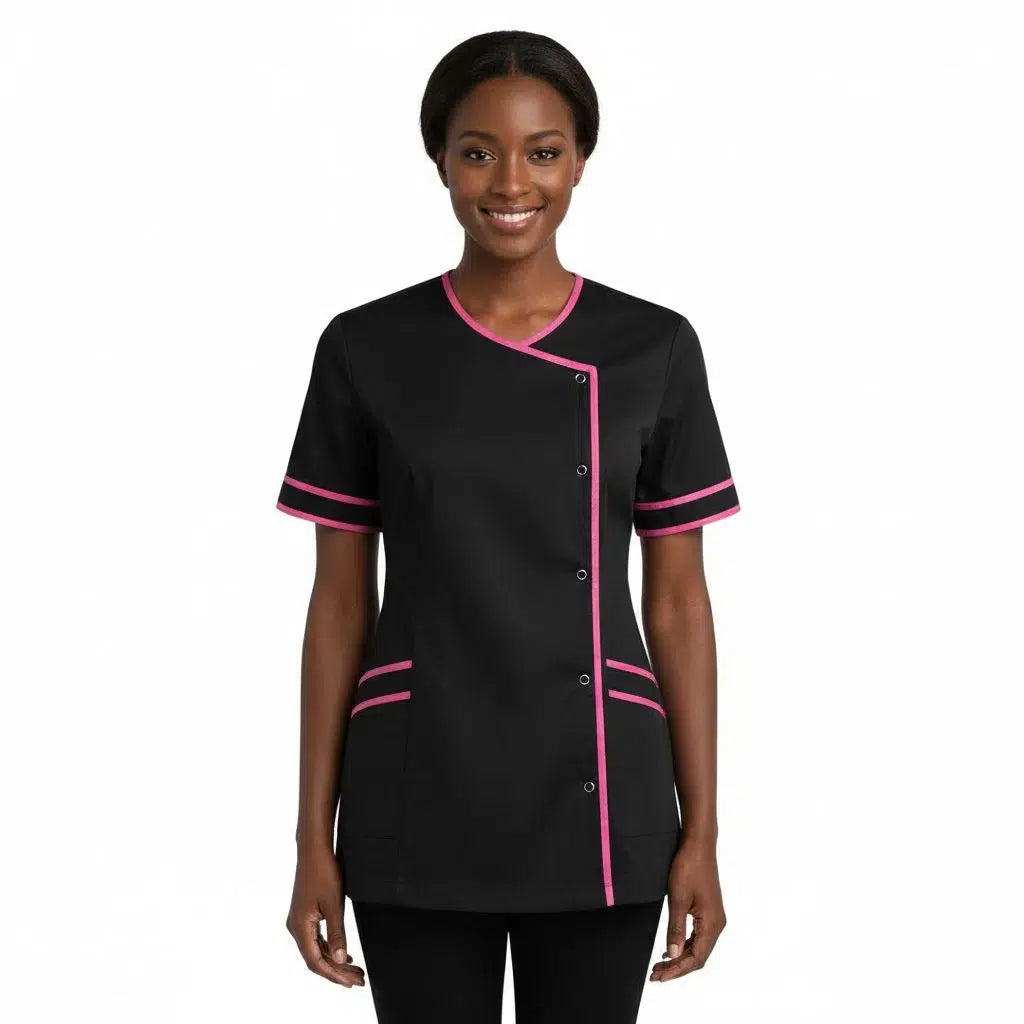 Blouse institut de beauté femme en noir et rose