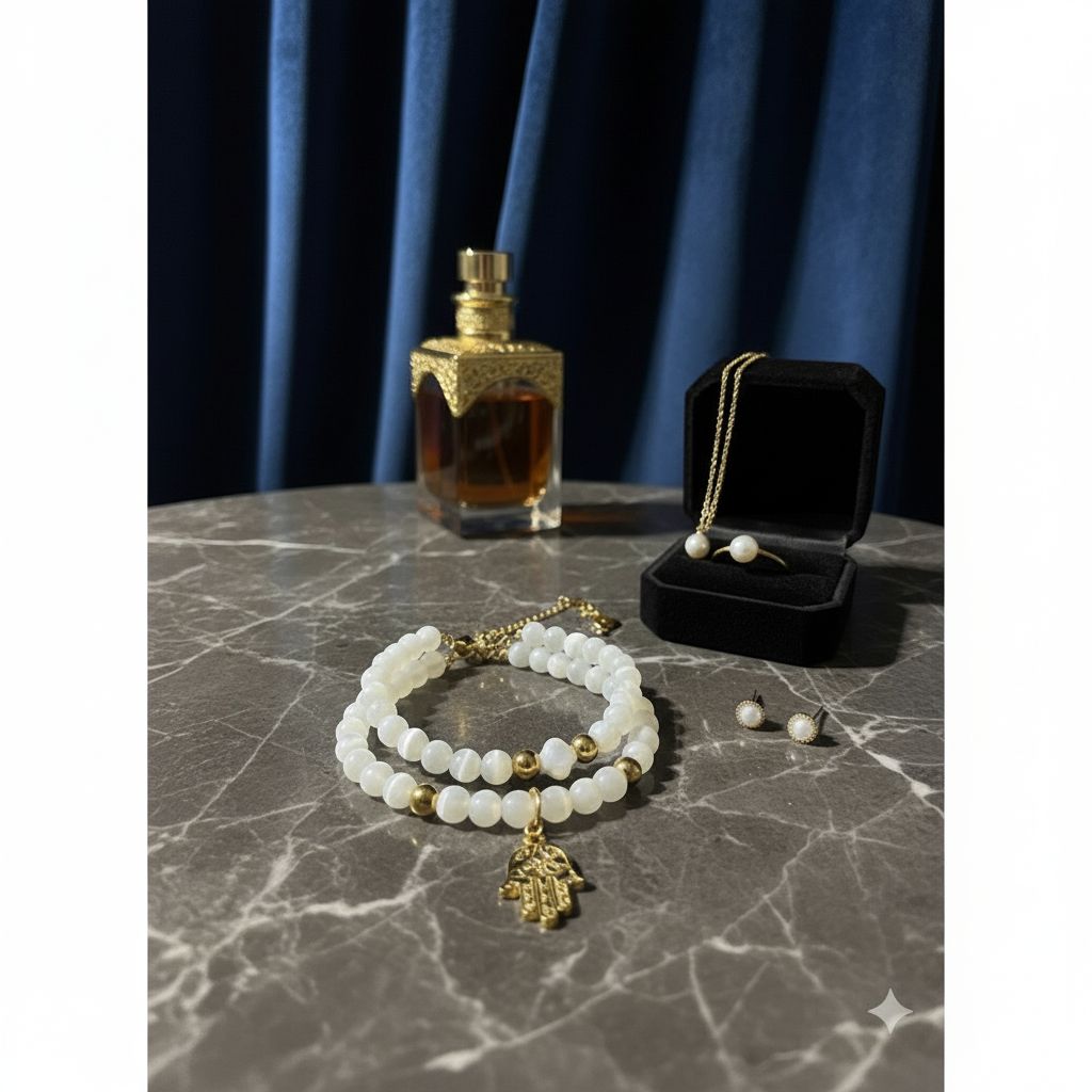 Bracelet main de Fatma en pierre de sélénite et acier inoxydable