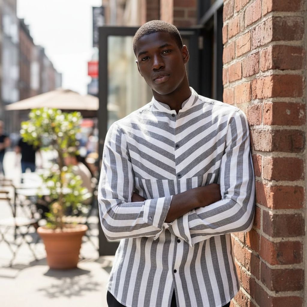 Chemise homme élégante rayée gris et blanc col mao coupe ajustée chic