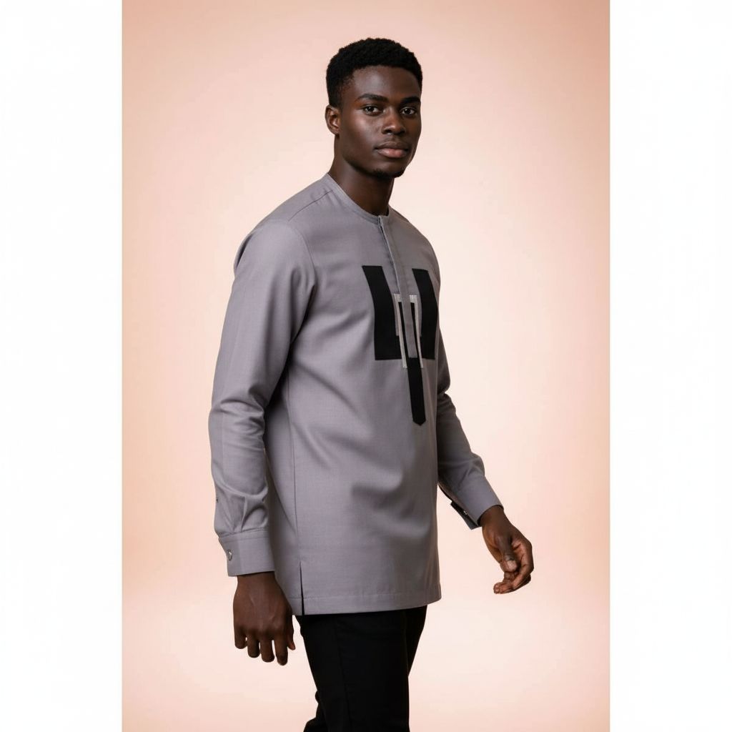 Chemise homme élégante grise motif géométrique, col mao, coton ajusté