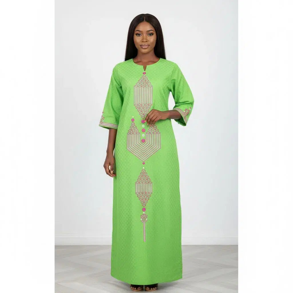 Tunique femme élégante verte, coton léger, broderie géométrique chic taille standard (L)
