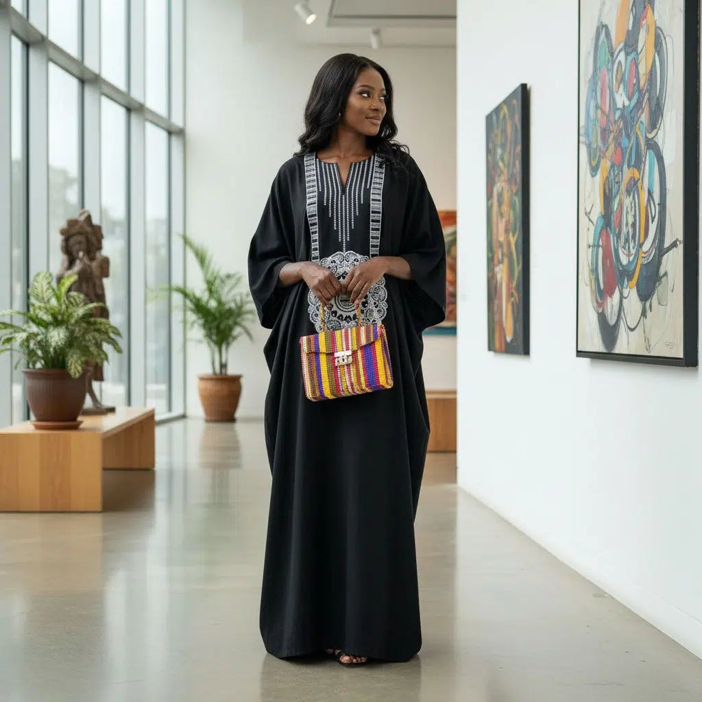 Tunique noire brodée femme en coton, élégance ethnique chic grande taille