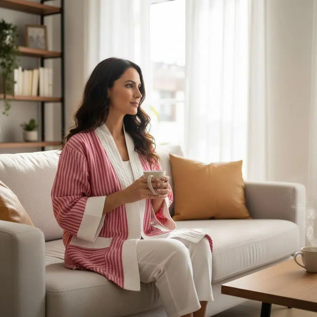 Kimono femme tissé main rose rouge – Veste kimono moderne chic, fait main unique