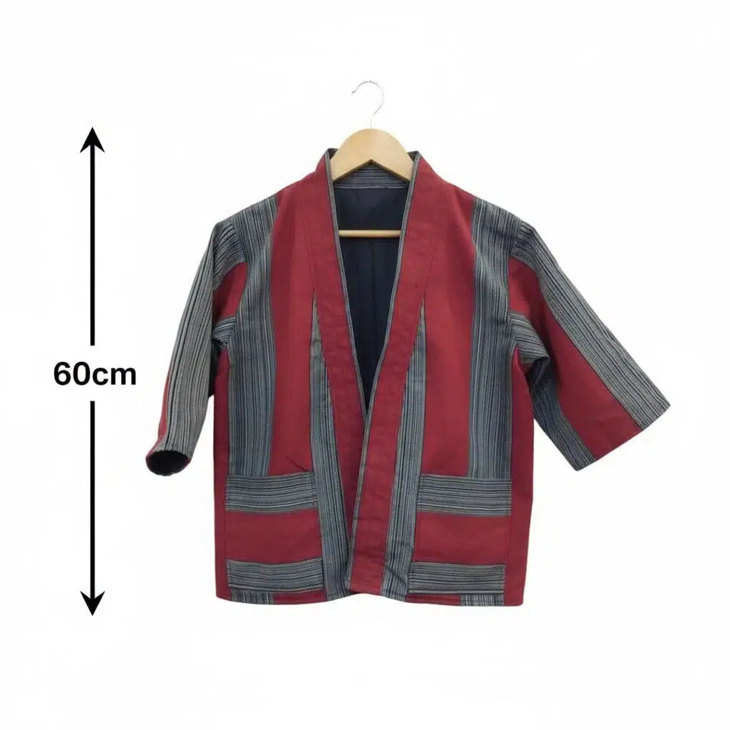 Kimono pagne tissé coton femme rouge et noir, veste artisanale élégante