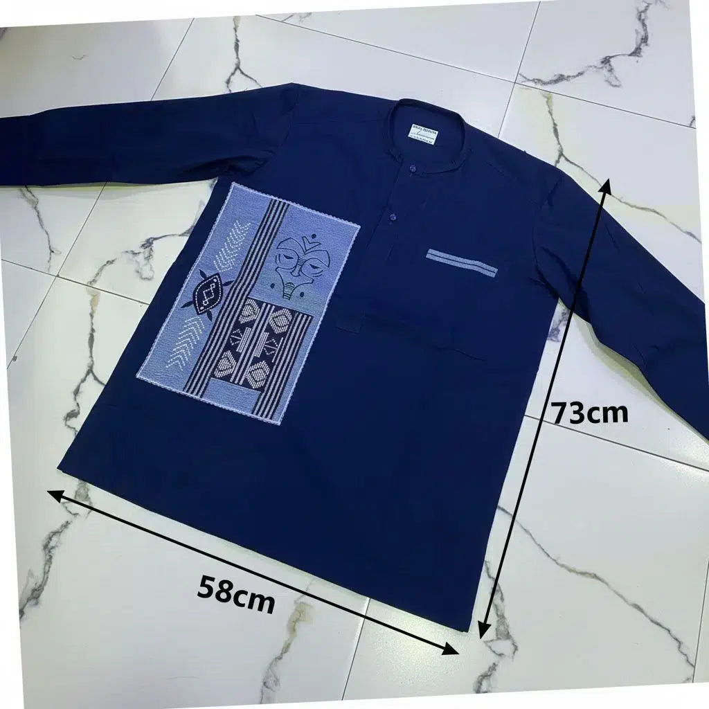 Chemise longue homme coton bleu – Patchwork pagne africain artisanal Sénégal