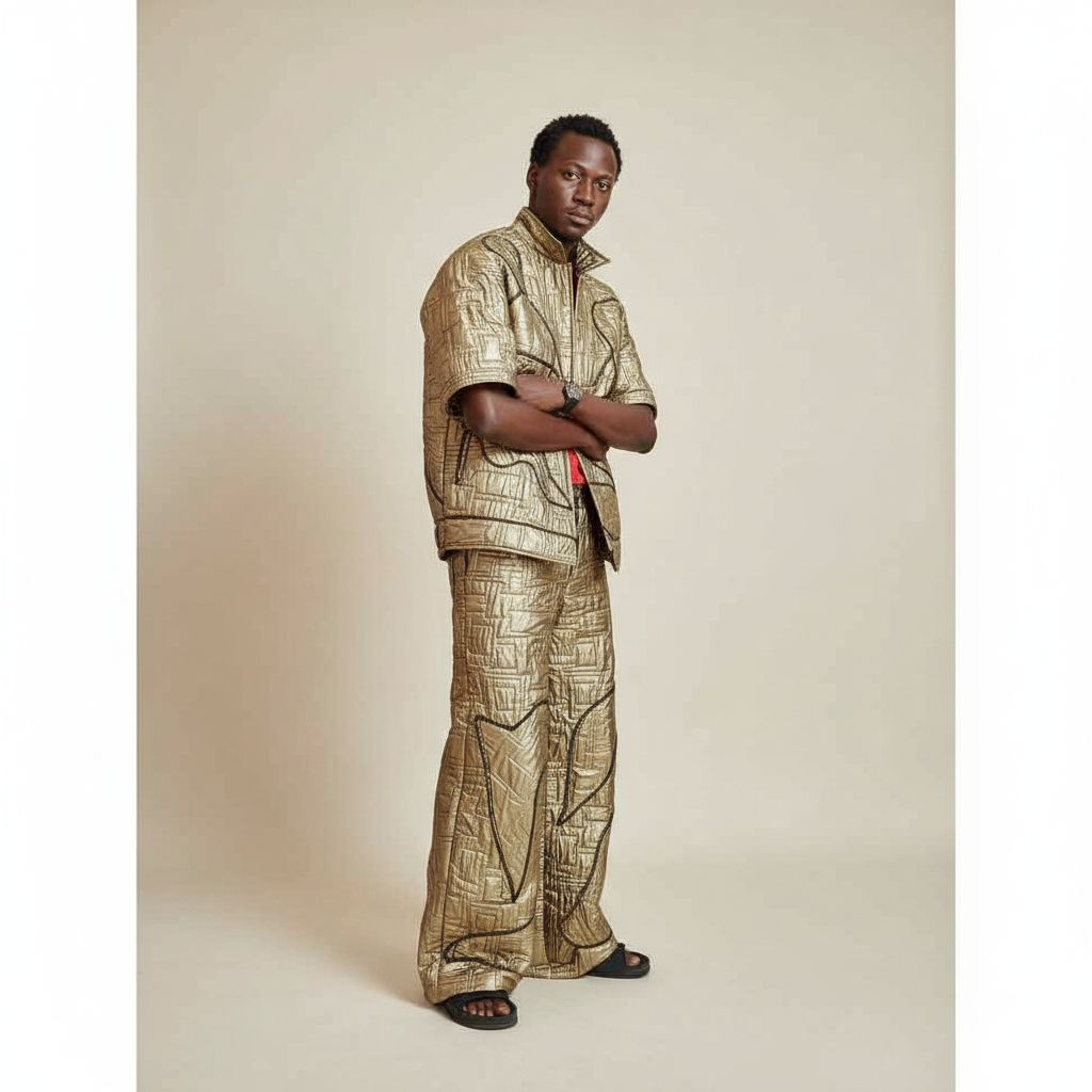 Sous-vêtement homme doré matelassé, look futuriste et coupe ample