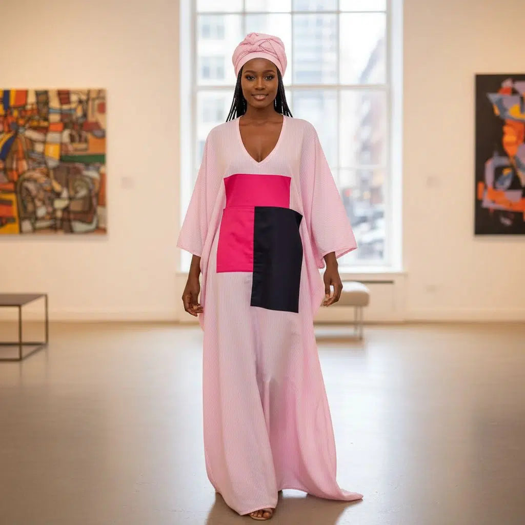 Tunique rose longue en coton avec turban