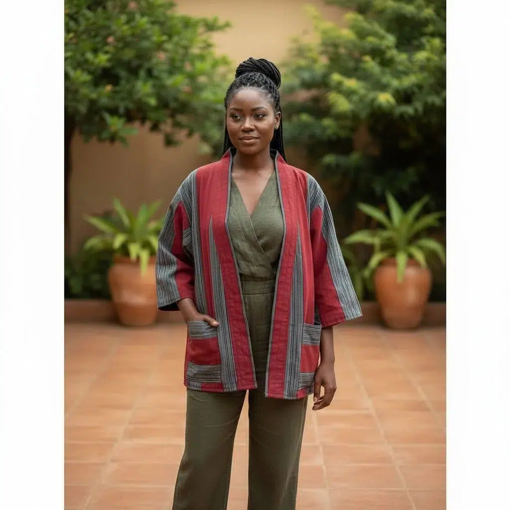 Kimono pagne tissé coton femme rouge et noir, veste artisanale élégante