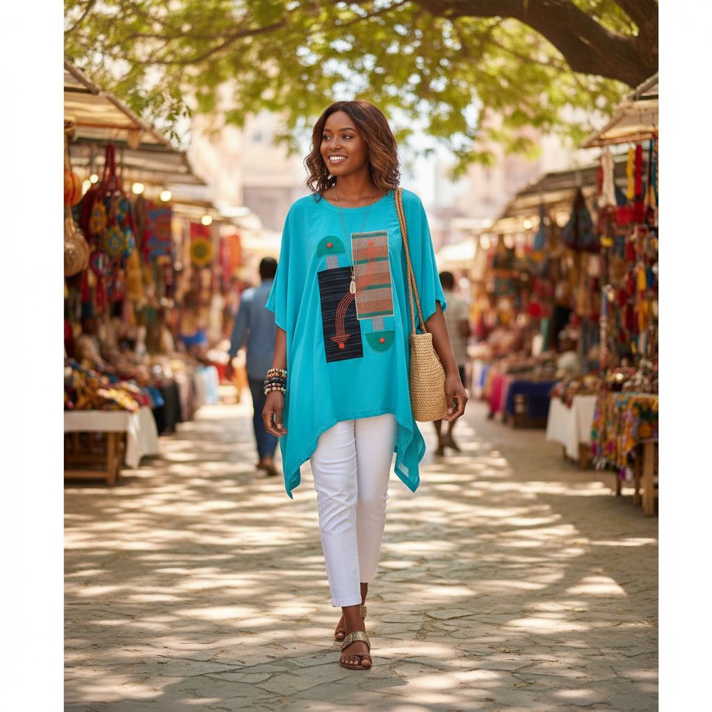 Tunique Turquoise en Pagne Brodée - Style Bohème Été Élégant
