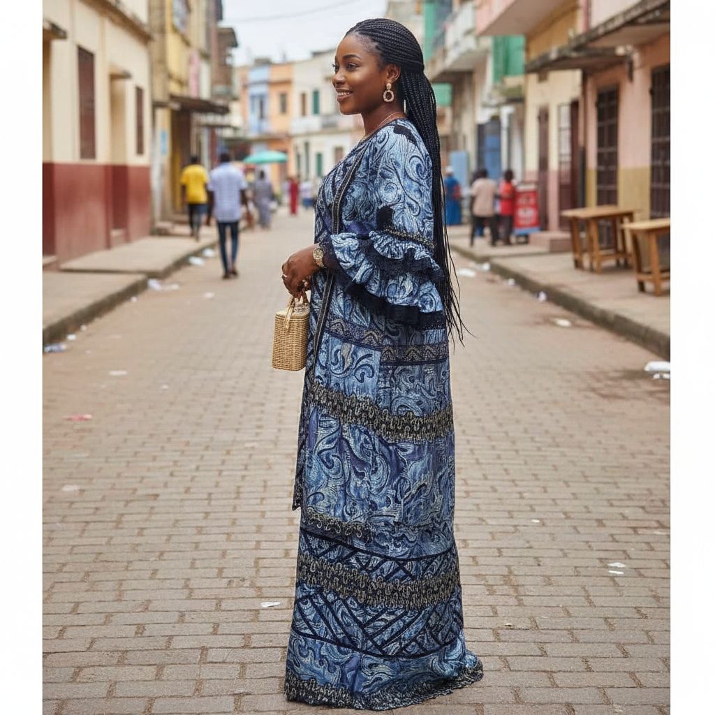 Robe wax femme élégante longue, motifs géométriques et dentelle noire