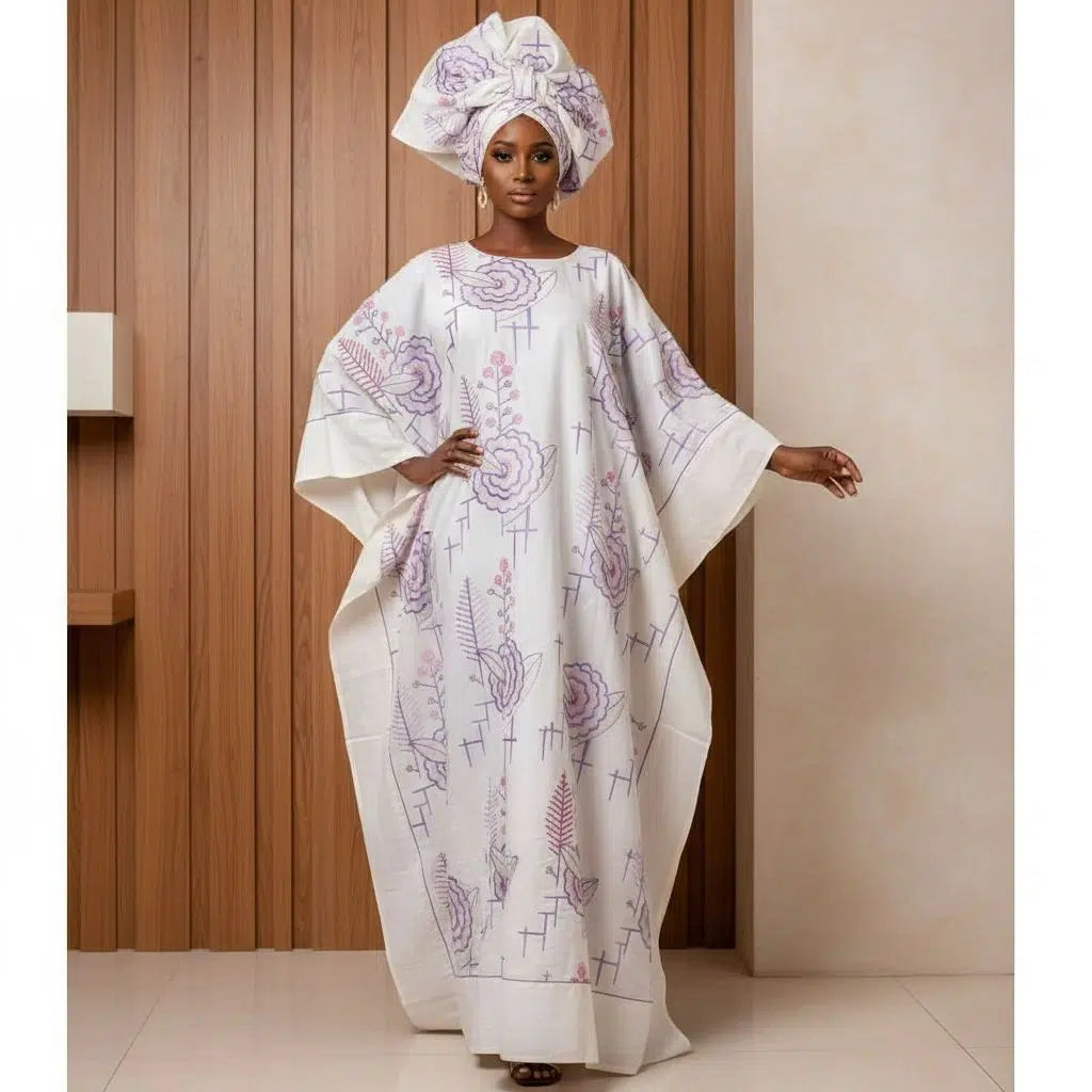 Robe boubou sénégalaise femme avec foulard, broderie mauve, Grand Dakar