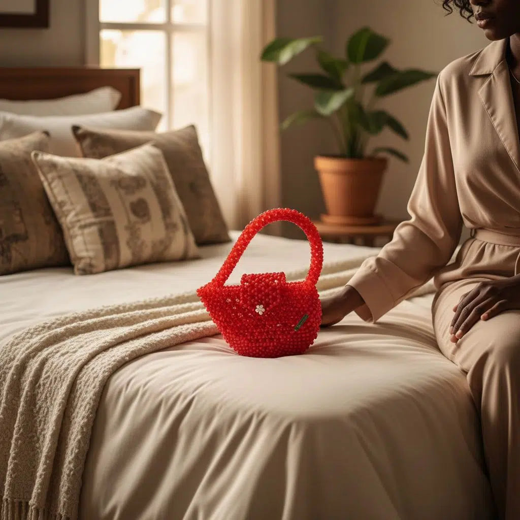 Sac rouge forme cœur en perles rouge