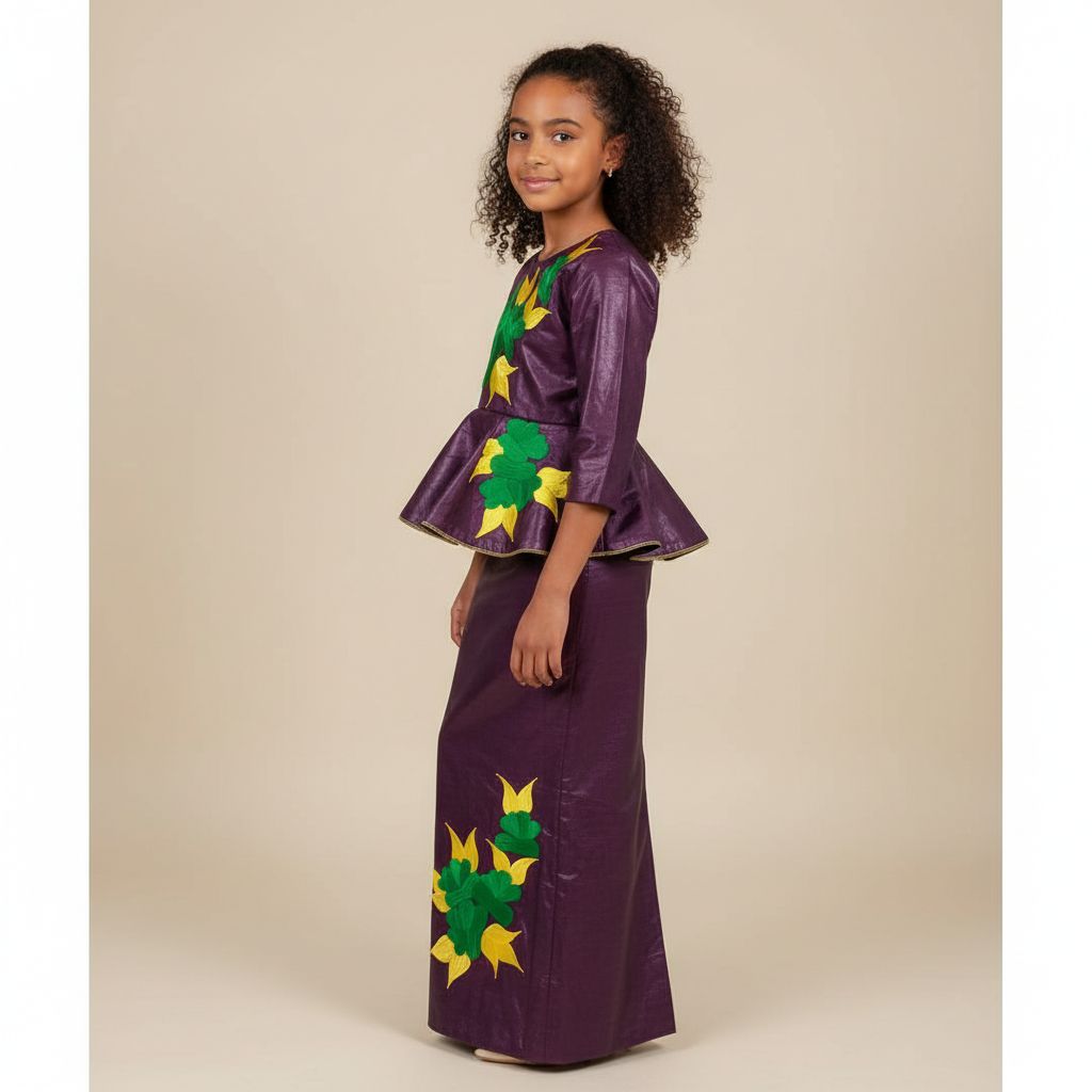 Ensemble cérémonie fille mauve foncé 11 ans, jupe et haut floral chic