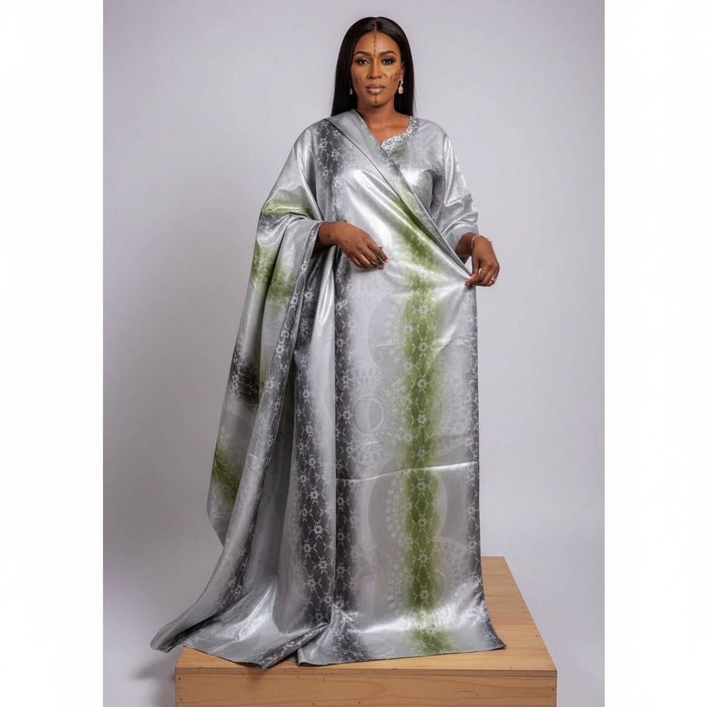 Bazin malien 4 mètres gris vert – Tissu élégant pour robe africaine femme