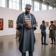 Boubou homme gris brodé Ensemble en 3 pièces noir et blanc