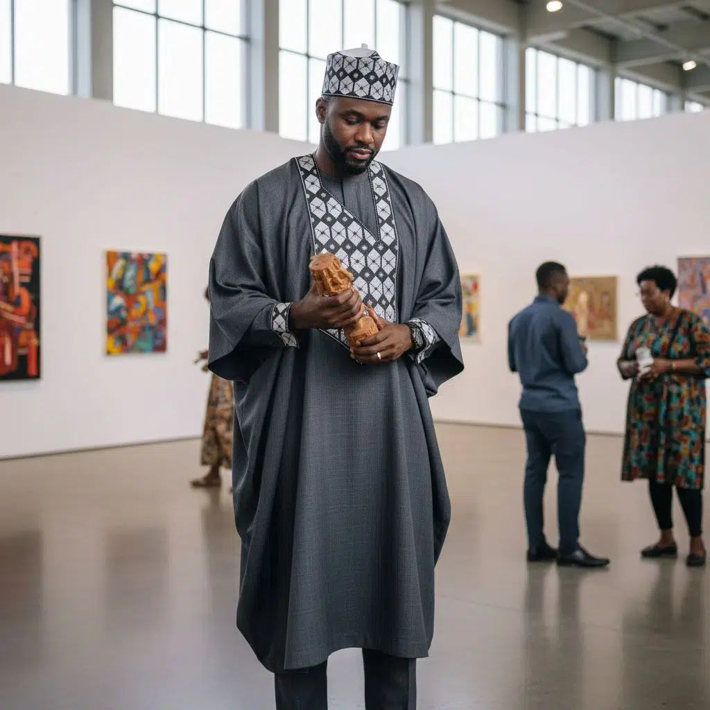 Boubou homme gris brodé Ensemble en 3 pièces noir et blanc