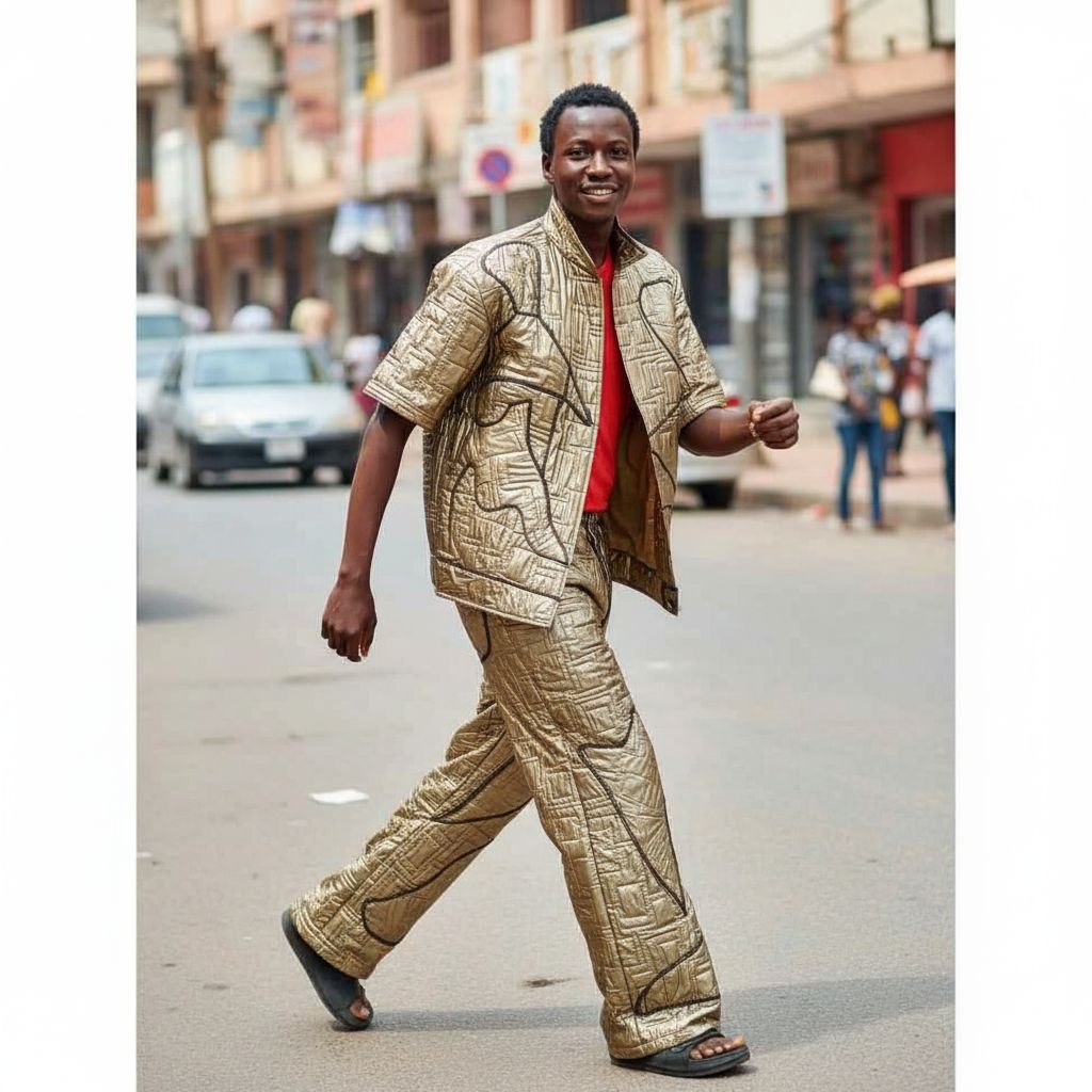Sous-vêtement homme doré matelassé, look futuriste et coupe ample