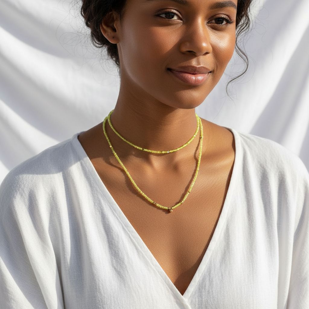 Collier pierre de péridot doré élégant, bijou naturel réglable femme