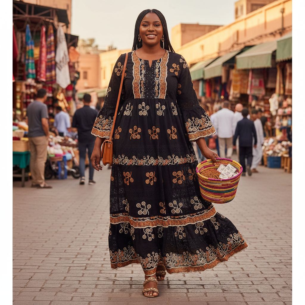 Robe brodée noire femme bohème chic longue, orange beige, élégante