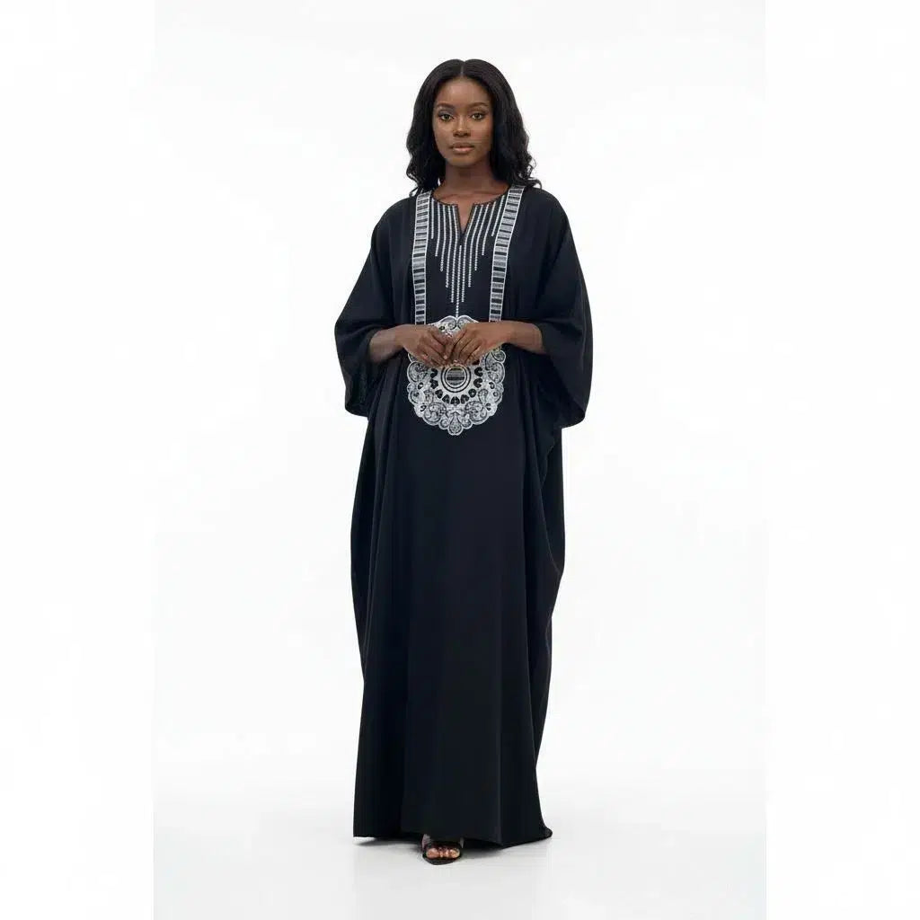 Tunique noire brodée femme en coton, élégance ethnique chic grande taille