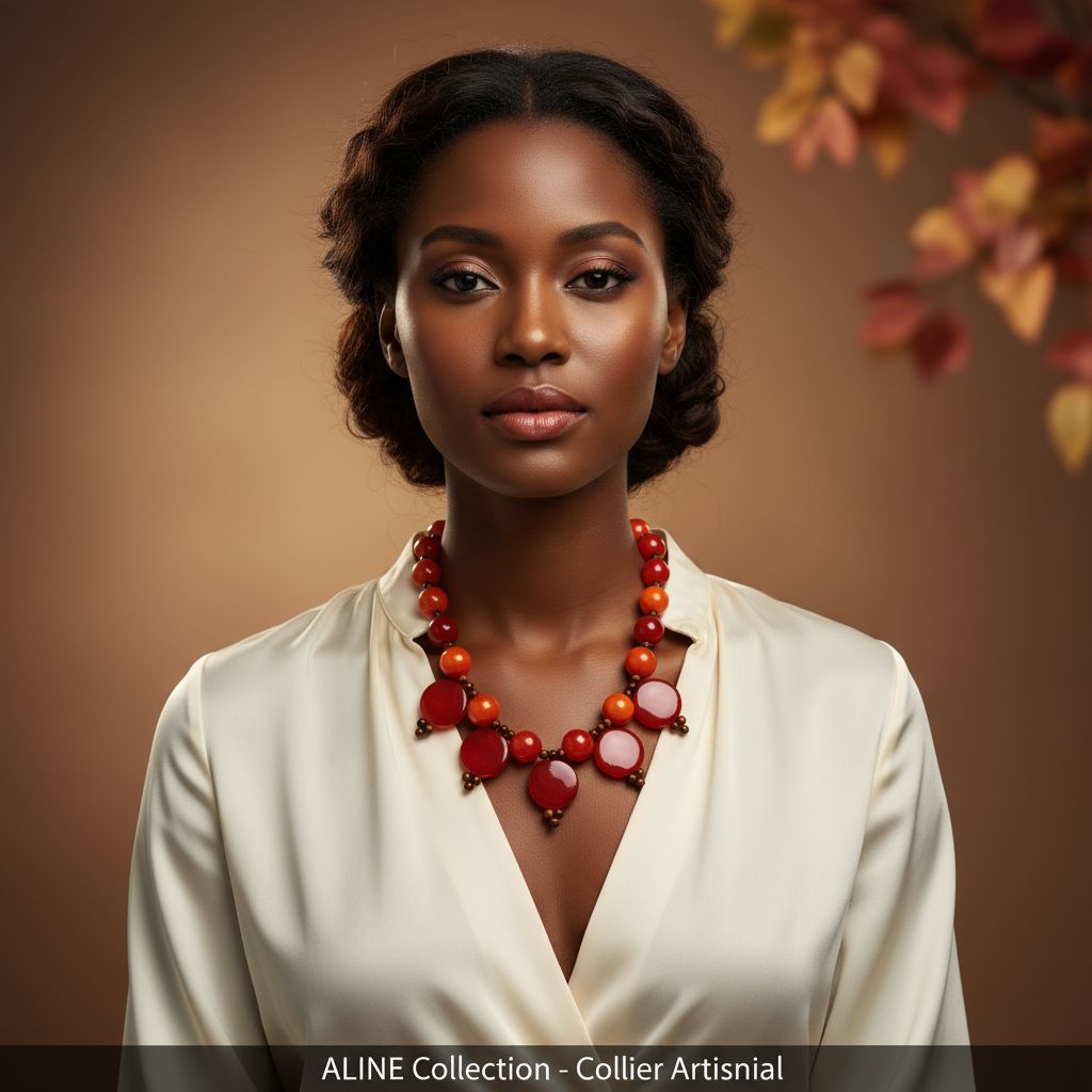 Collier bohème chic rouge artisanal perles verre et bois, élégant femme