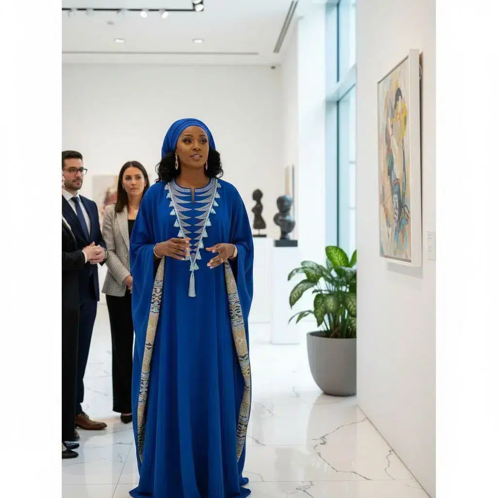 Boubou femme élégant bleu roi – Robe longue pagne tissé brodé cérémonie chic