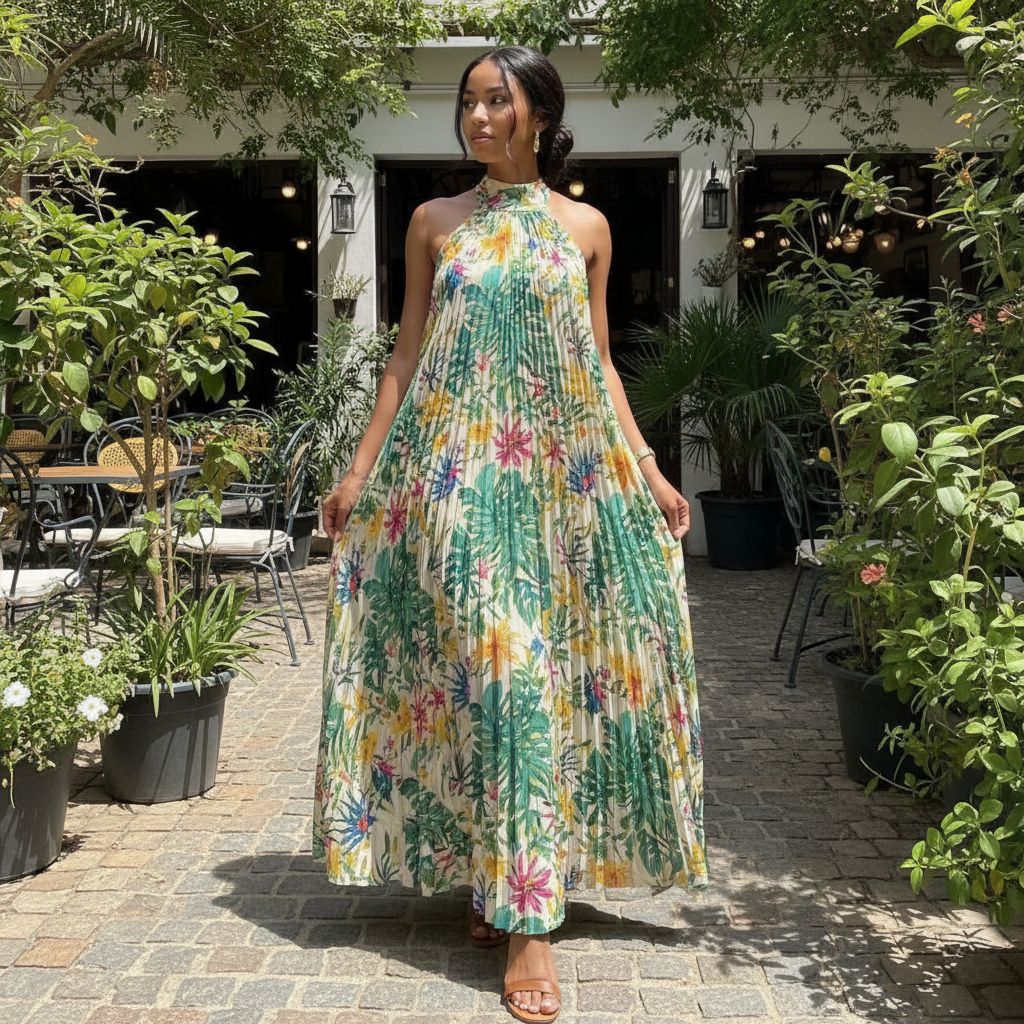 Robe été femme longue plissée orange vert beige, fluide élégante chic