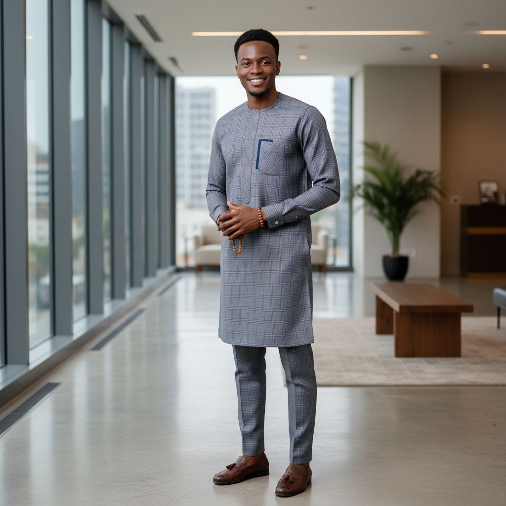 Ensemble homme élégant gris et bleu – Tunique et pantalon moderne chic