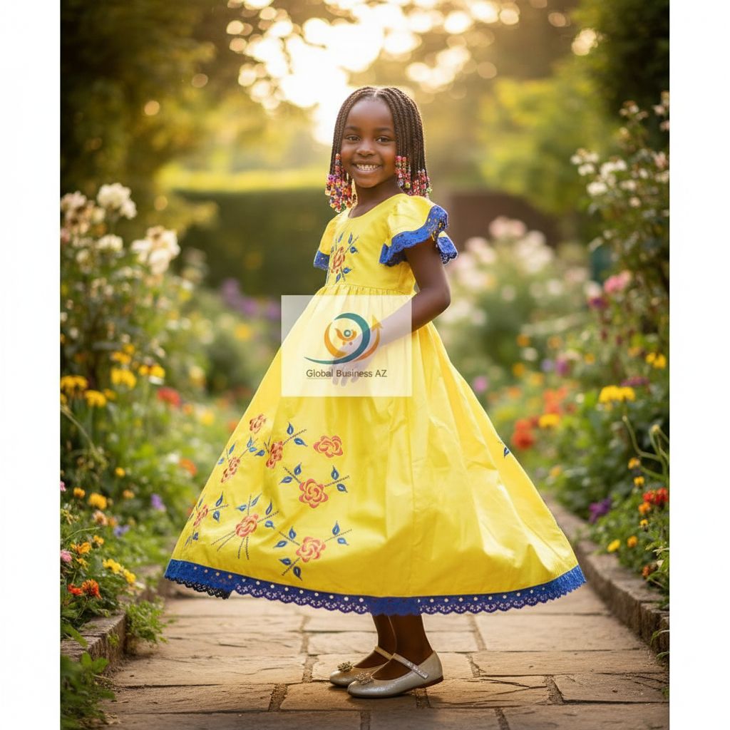 Robe cérémonie jaune avec dentelle brodée pour fille