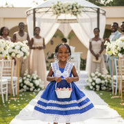 Robe cérémonie fille 4 ans bazin bleu brodée blanche