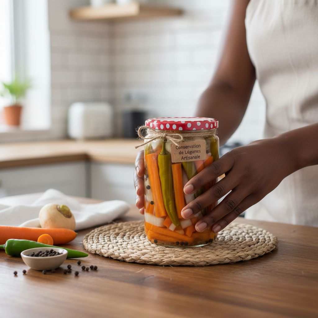 Légumes marinés en bocal : carotte et navet, poivre noir, piment long