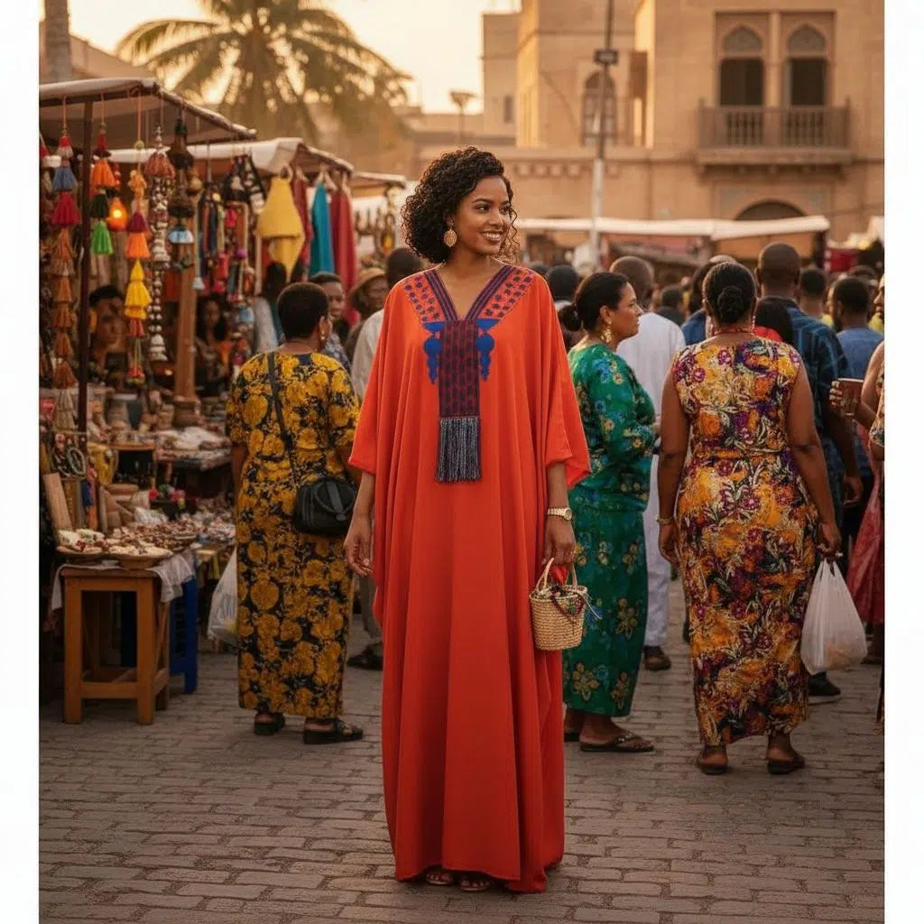 Tunique brodée femme orange – Élégance ethnique chic, pagne tissé artisanal