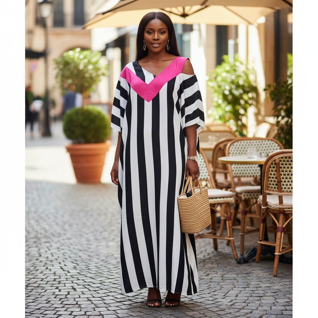 Tunique femme rayée noir et blanc ample avec col en V